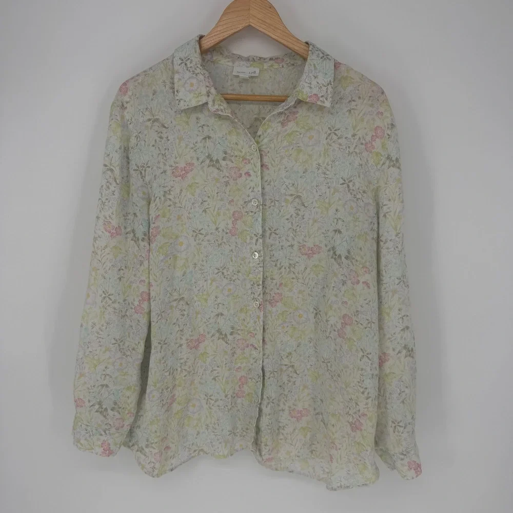 J. Jill Love Linen Floral Button Down Shirt Floral Coastal Beachy Sustainable Lg